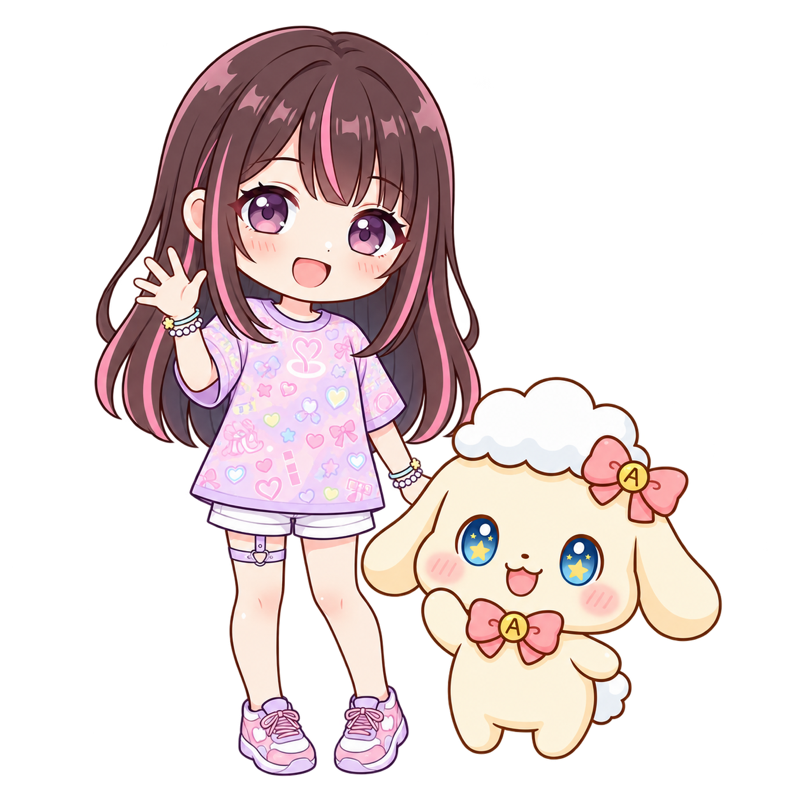 手を振るミニキャラのあやかと、にこにこのこてまる