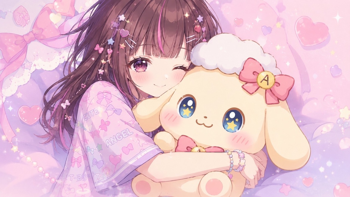 紫の服のあやかがこてまるを抱きしめているイラスト
